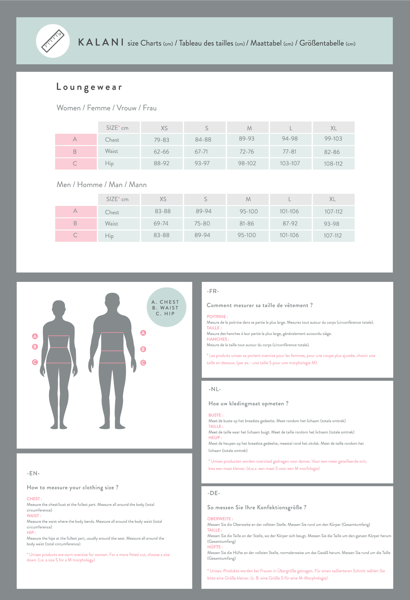 Guide des tailles Loungewear Hommes / Unisexe